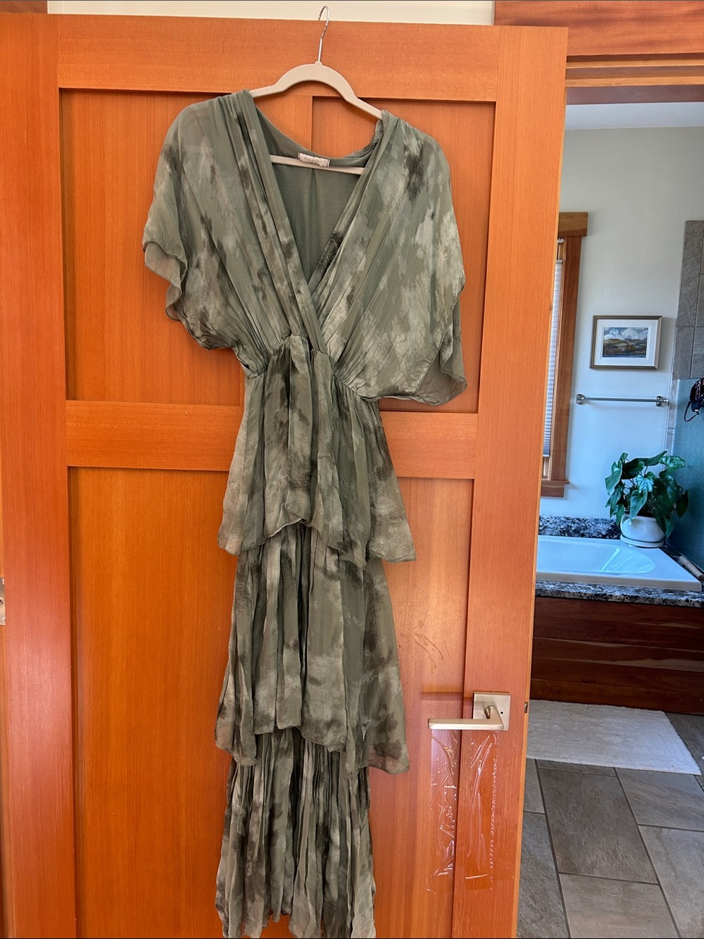 Tie-Front Olive Green Ruffled Maxi Dress